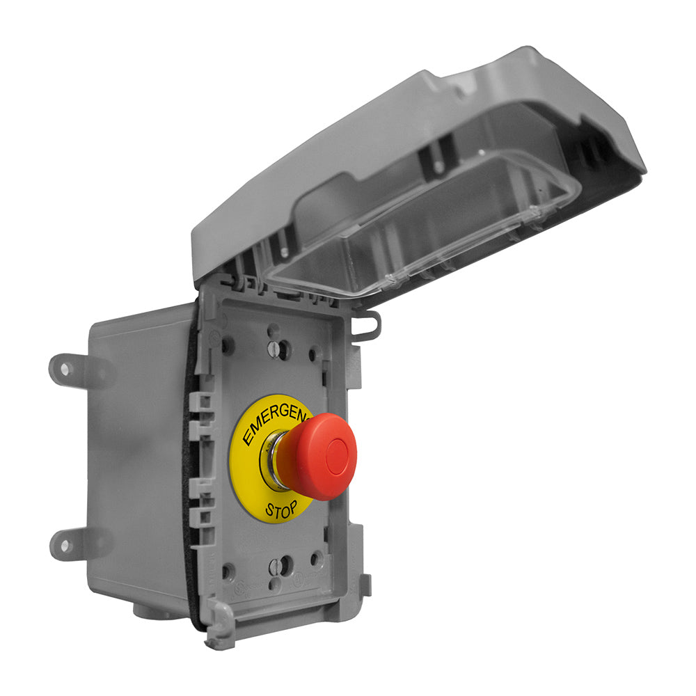Emergency stop switch with red STOP button in enclosure