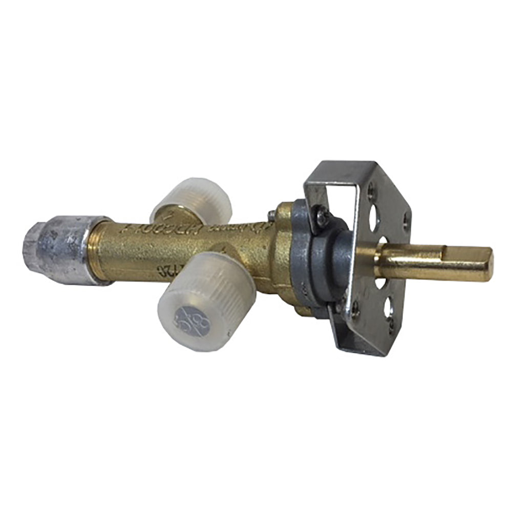 Brass gas valve with black mounting bracket and two ports, non-piloted style
