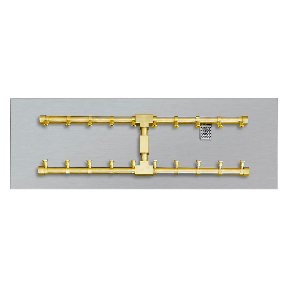 Electronic gas fire pit burner kit with brass gas line and central burner control manifold