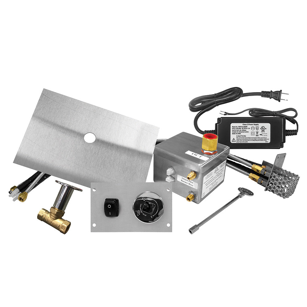 Electronic gas fire pit burner kit components with brass burner line and ignition modules