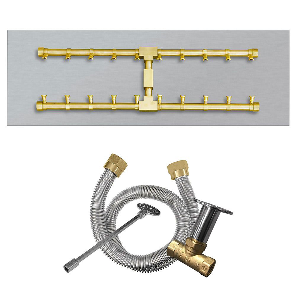 Brass gas burner line kit with an H-shaped burner and multiple ports