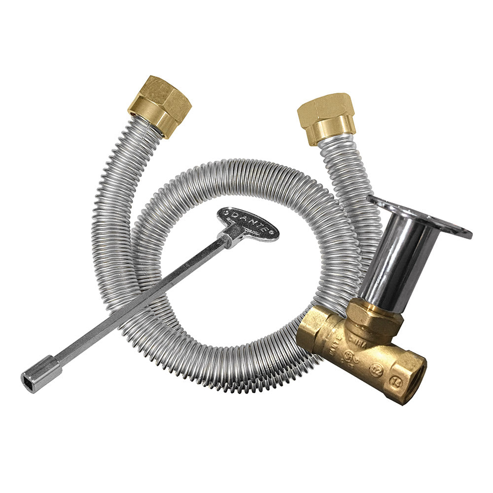 Gas burner ignition assembly with corrugated hose, brass valves, and control lever
