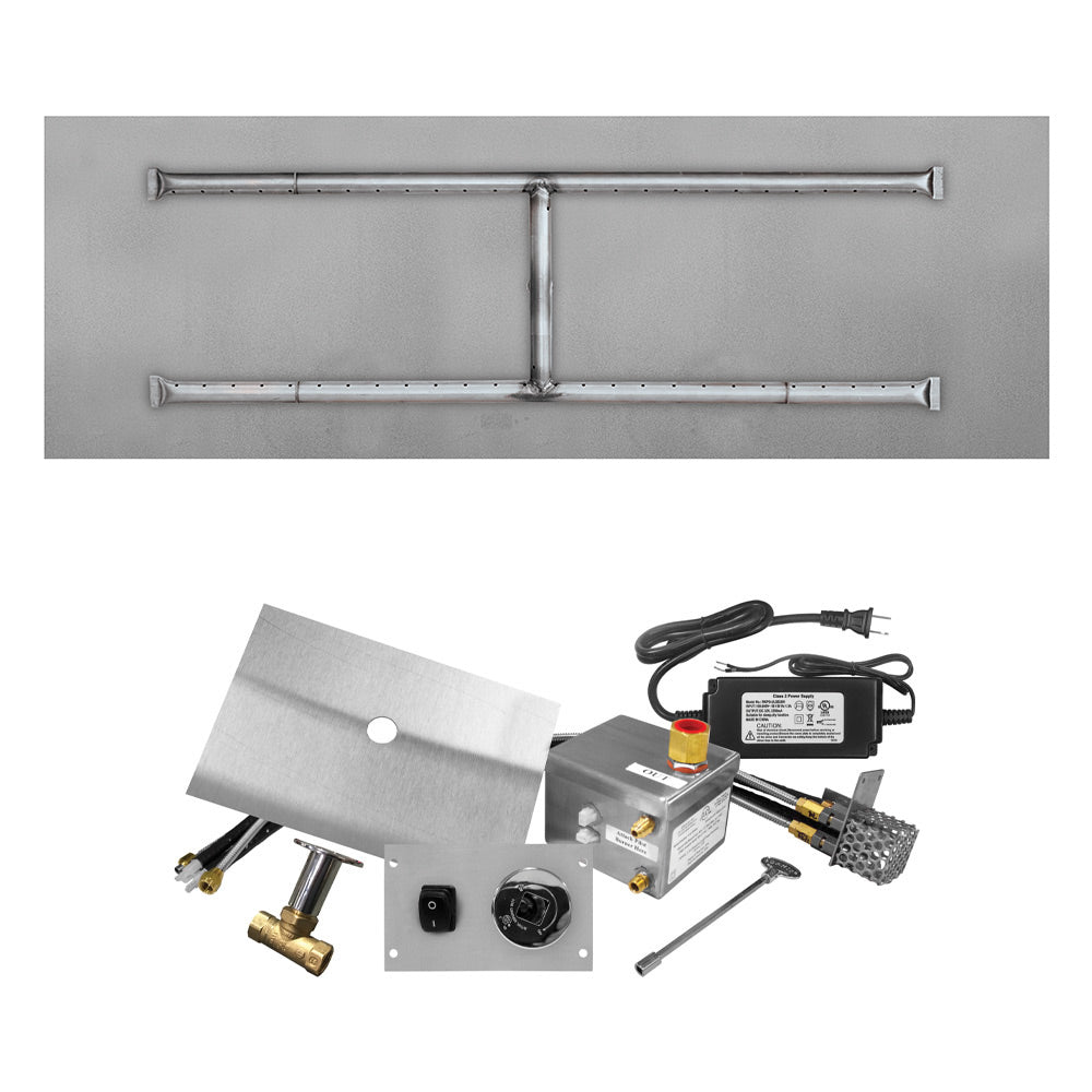Stainless steel gas fire pit burner kit with flat pan and ignition control components
