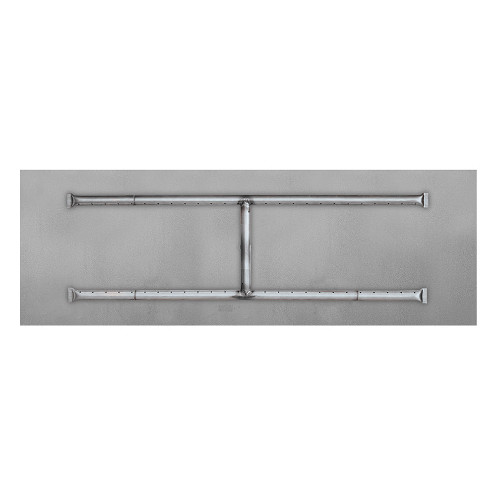 Stainless steel burner pan with two parallel tubular burners and center connector