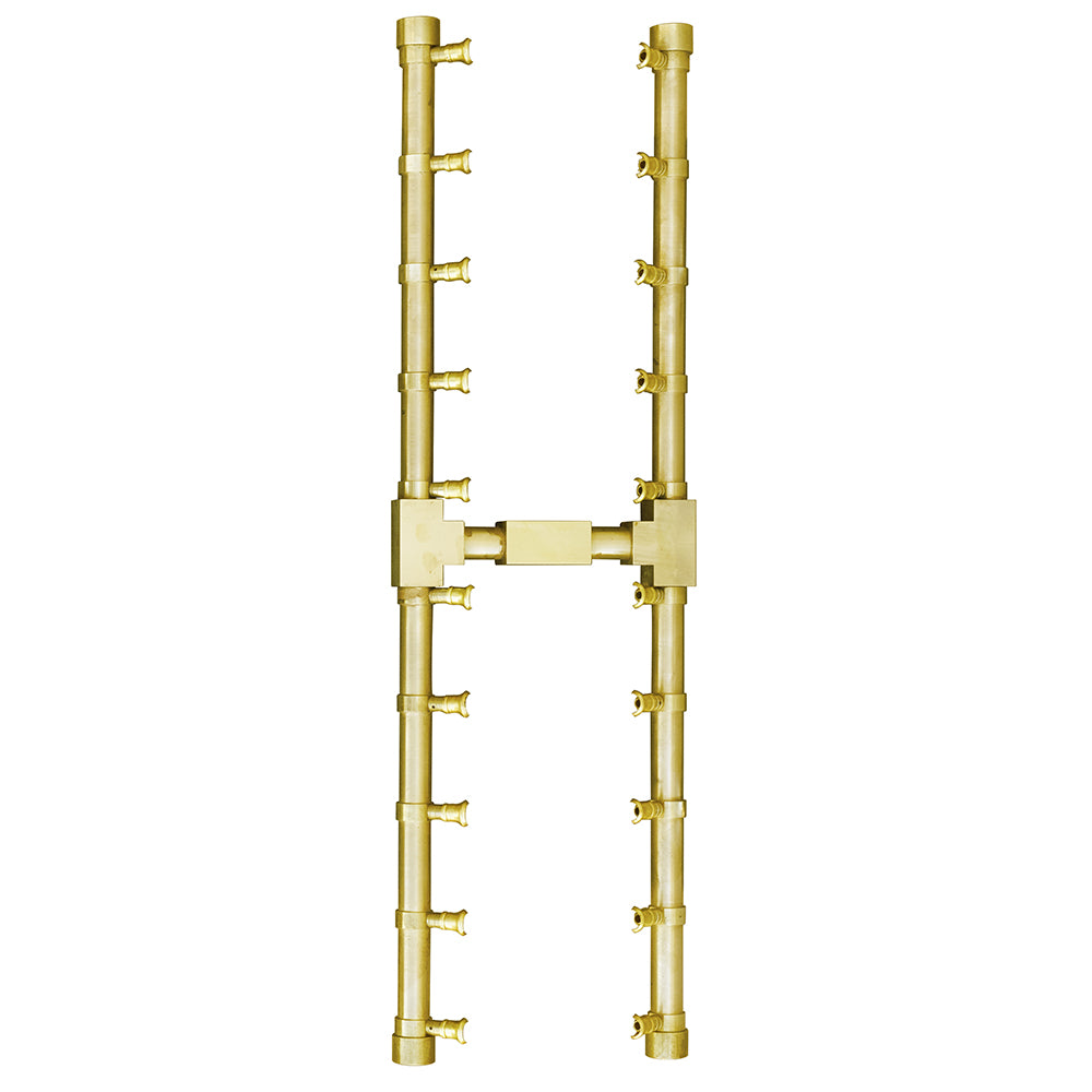 Brass H-shaped gas fire pit burner with connected supply tubes and mounting fittings