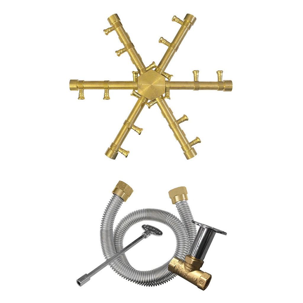 Brass gas fire pit burning spur kit with manifold, valves, and flexible gas hose