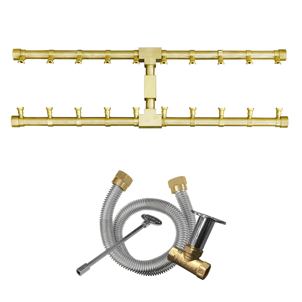 Brass H-shaped gas fire pit burner kit with manifold pipes and mounting bracket