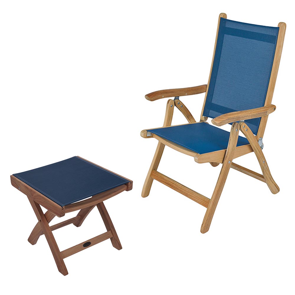 Navy sling chair with matching footrest, teak frame and fabric backrest.