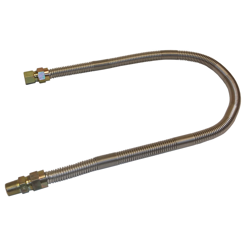Stainless steel flex line with two brass fittings and blue seals, 1/2 in.