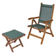 Moss green sling chair with matching footrest, teak frame and fabric backrest.