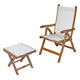 White sling chair with matching footrest, teak frame and light fabric.