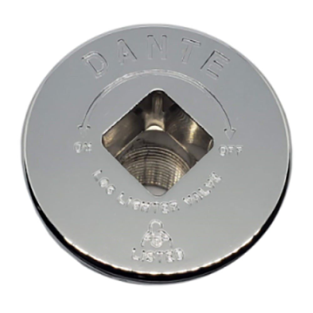 Chrome ball valve floor plate face with square drive opening and Dante lettering