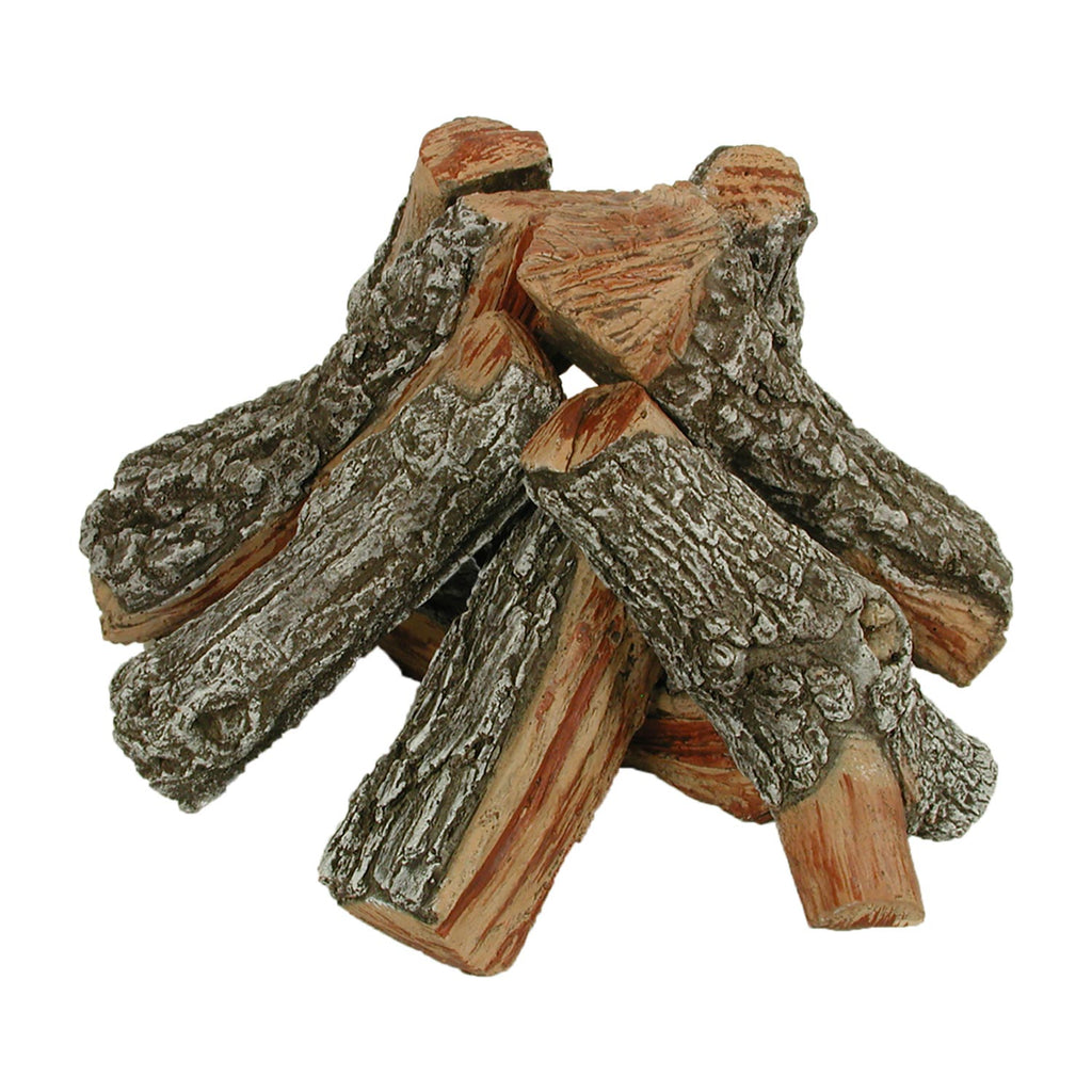 Fire pit log set featuring stacked dark gray logs with reddish-brown split wood