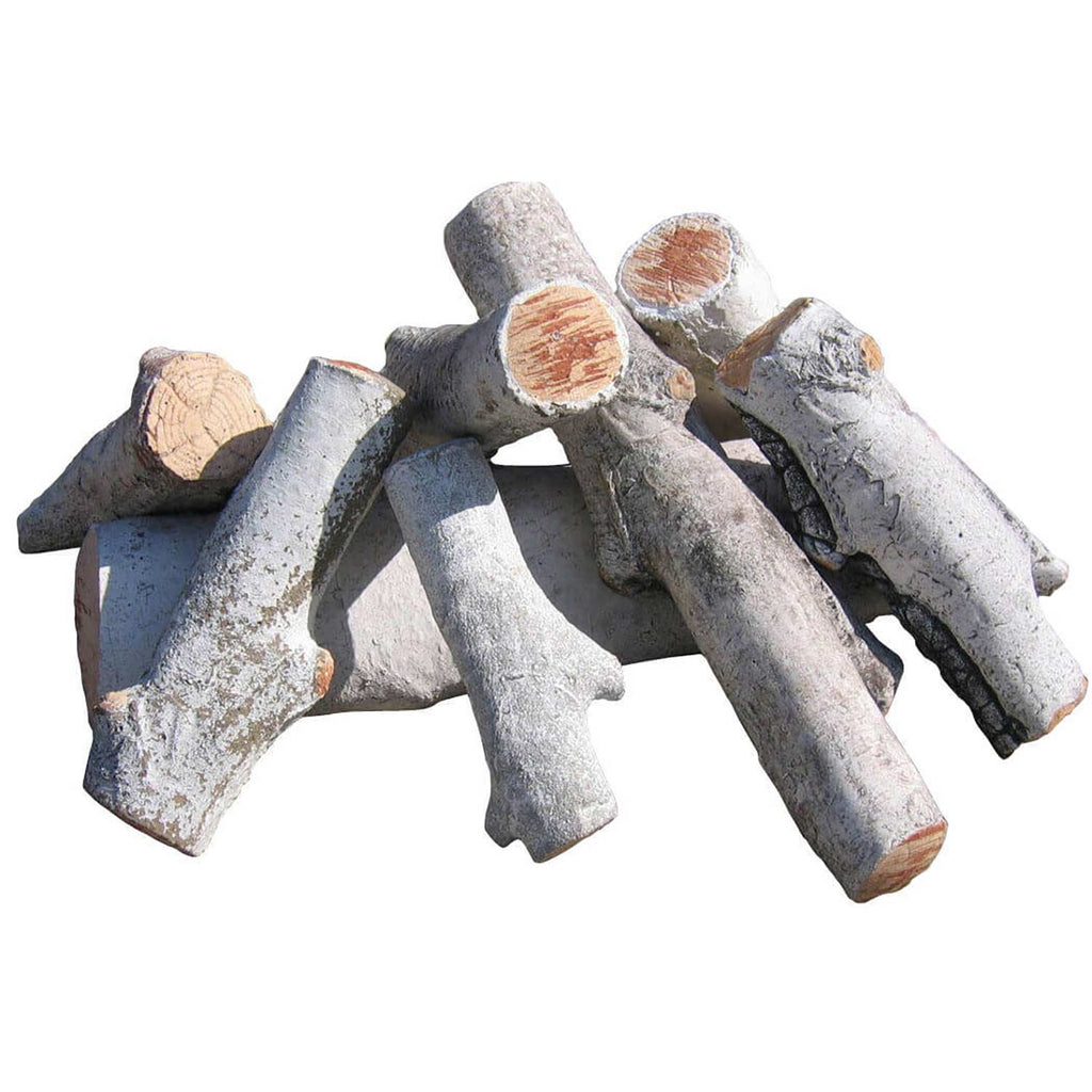 Decorative fire pit log set with white-birch style faux logs, gray and tan ends.