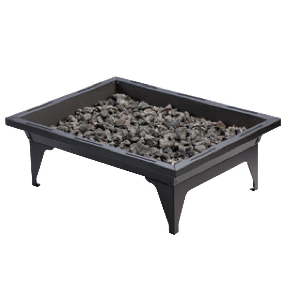 Black rectangular fire pit filled with gray lava rocks, open top