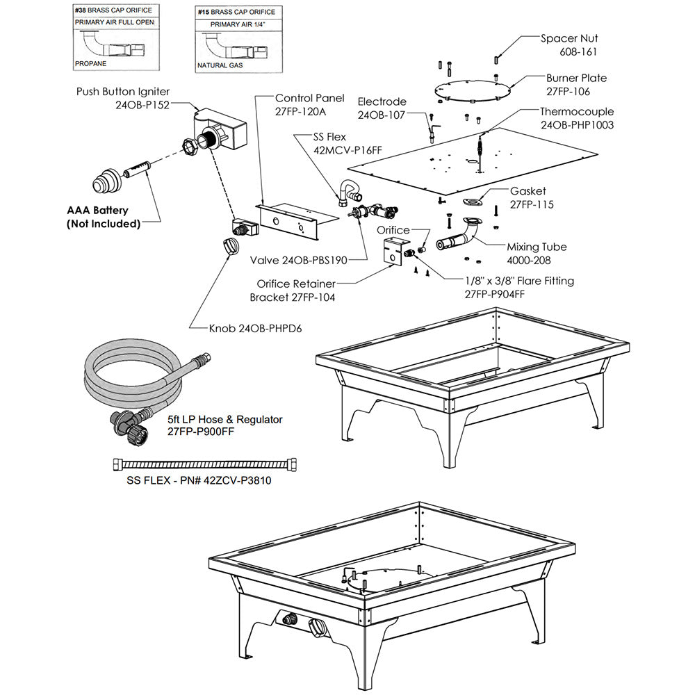 Kingsman FP2785LPT-FL 27-Inch Rectangular Push Button Spark Ignition Propane Fire Pit Burner Kit