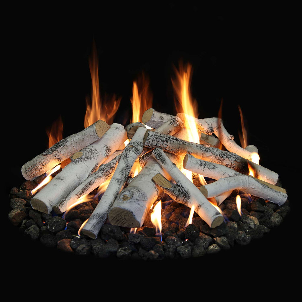 Fire pit log set with gray birch-style logs and visible flames