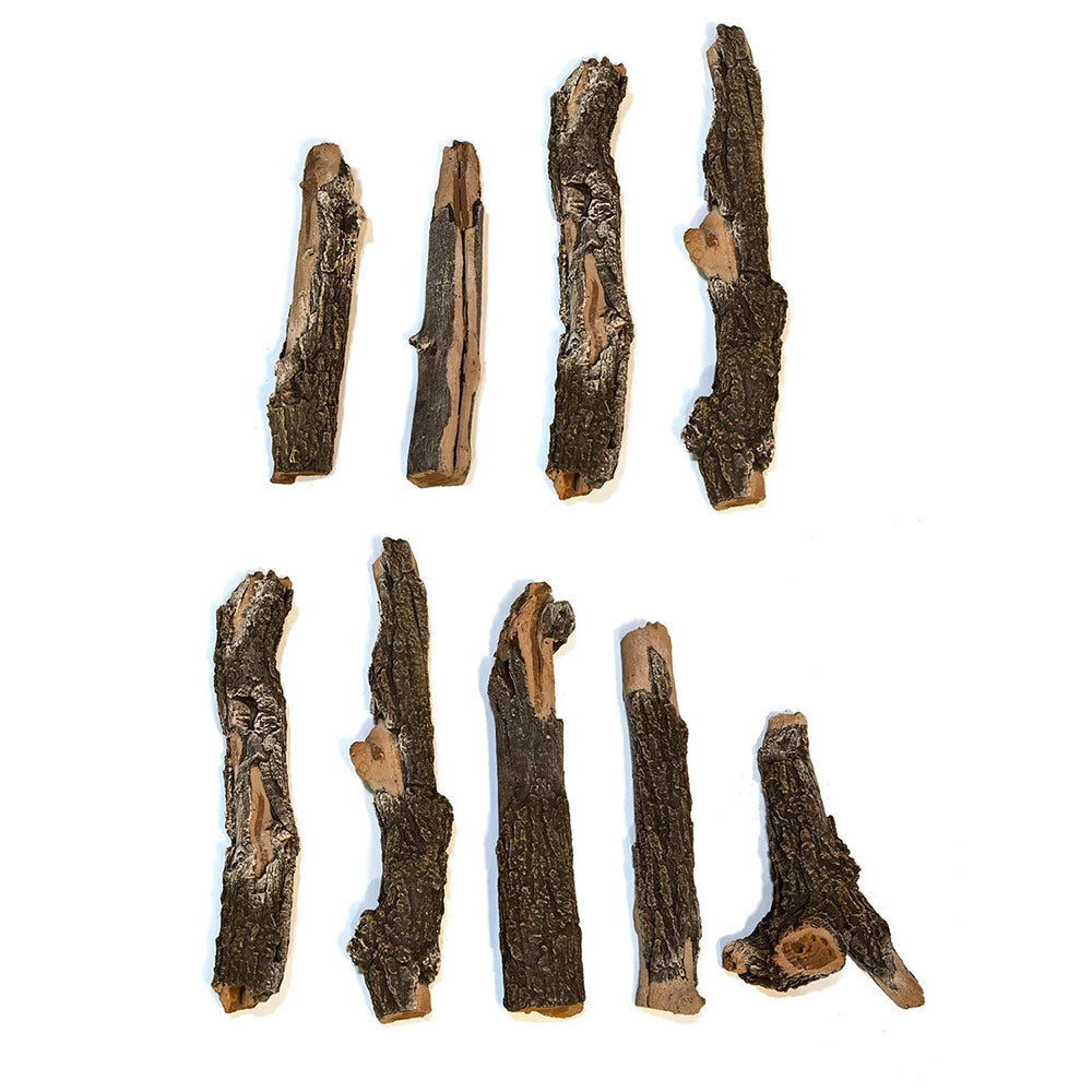 Weathered oak fire pit log set with nine faux logs, dark brown and gray
