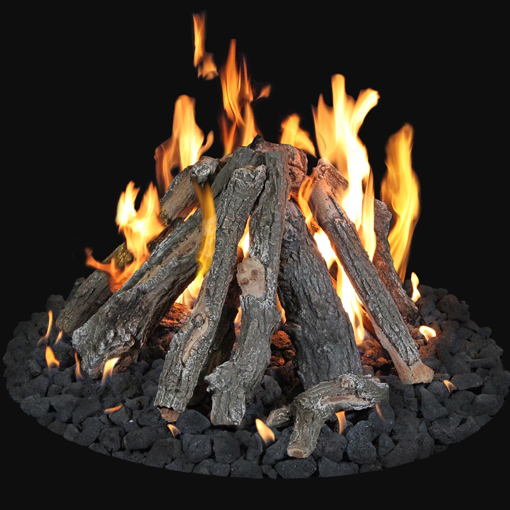 Burning fire pit logs, dark gray pieces with visible flames