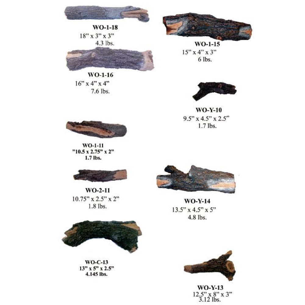Fire pit log set diagram showing nine faux log pieces with size measurements