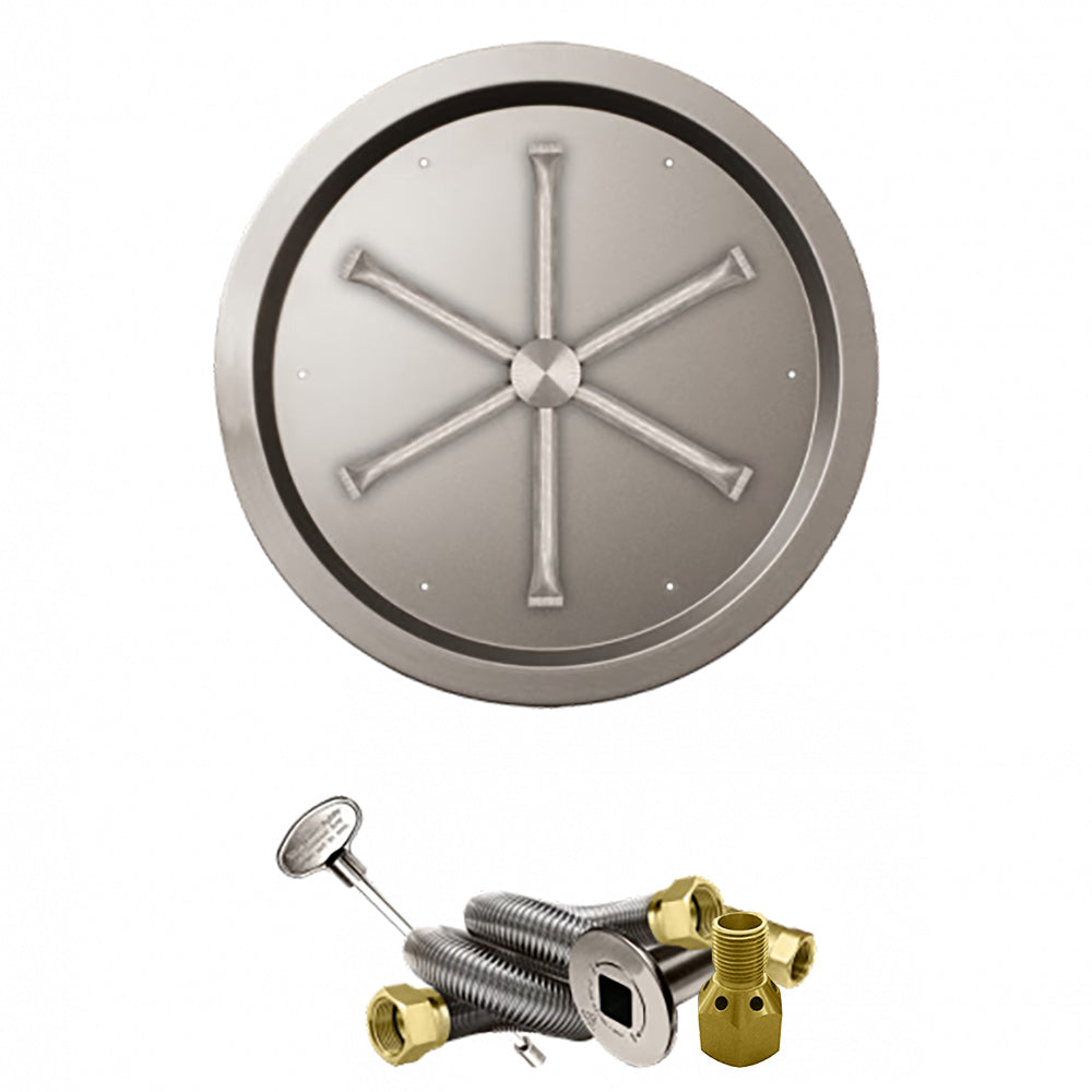 Stainless steel round burner pan with cross baffle and match-light ignition fittings