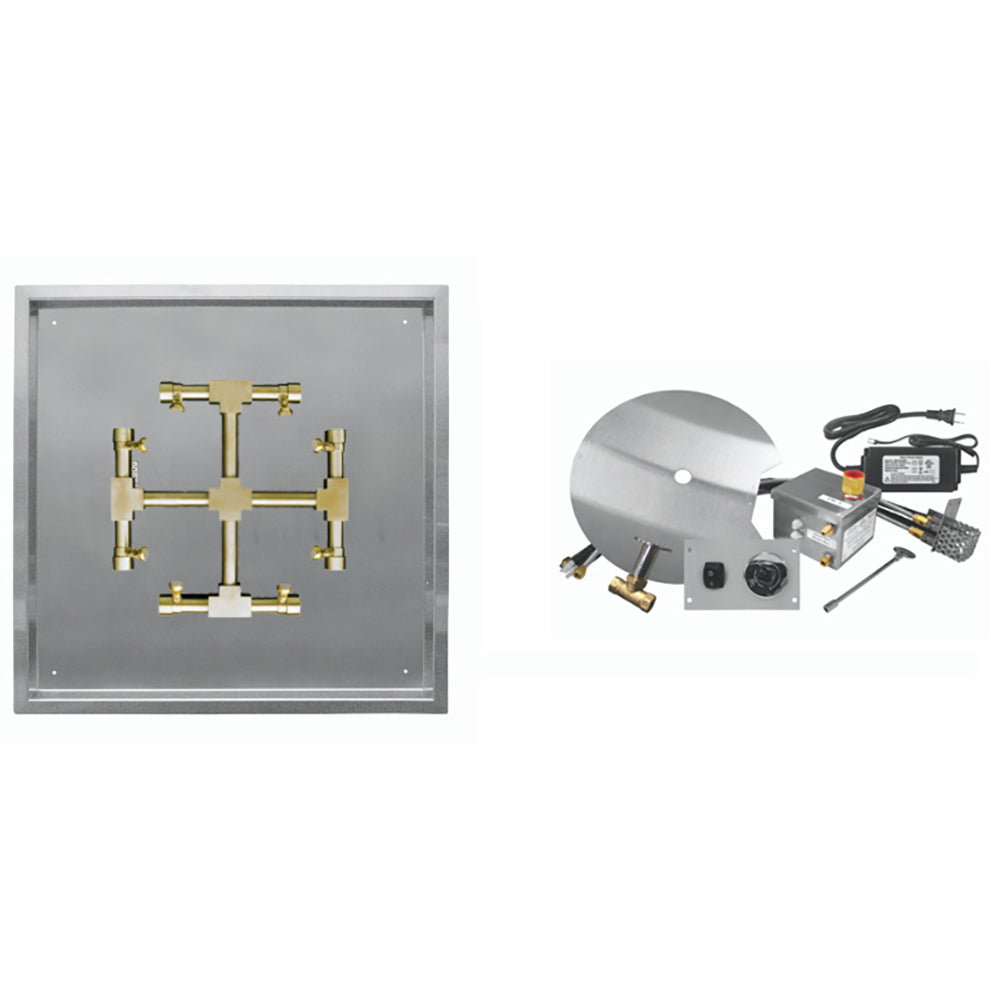Gas fire pit burner kit tray with brass manifold assembly and ignition gas fittings