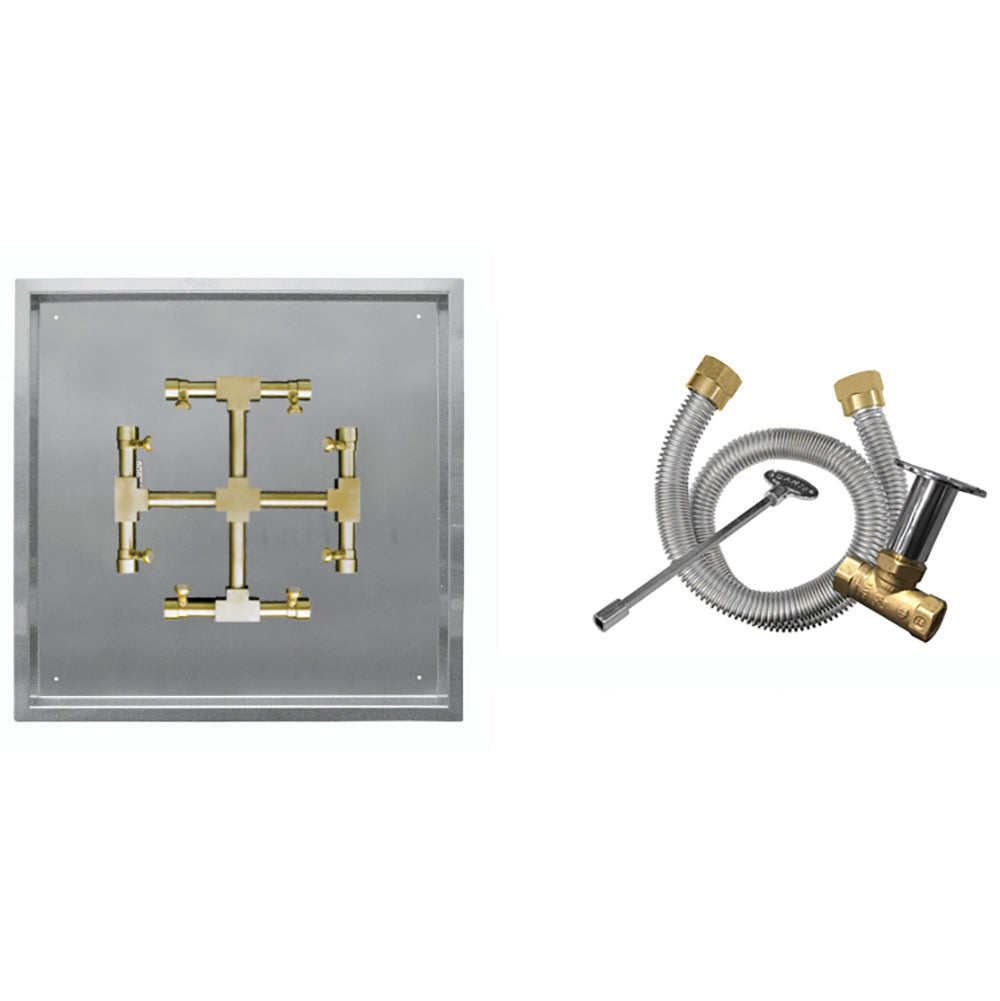 Gas fire pit burner kit with square drop-in pan and brass burner plus match-light igniter