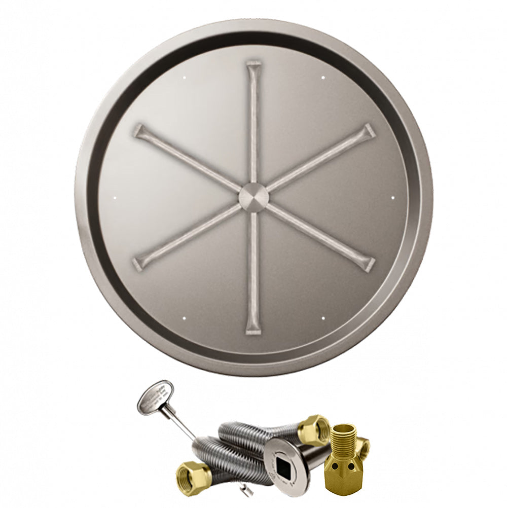 Stainless steel gas fire pit burner kit with round drop pan and star burner ports, brass fittings