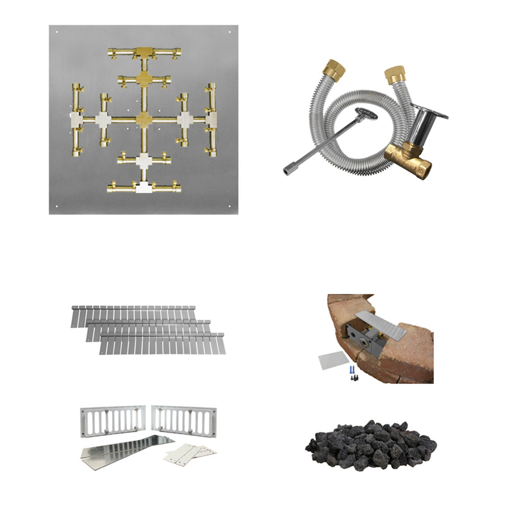 Paver block match light kit with brass manifold layout, gas hose, and flat pan