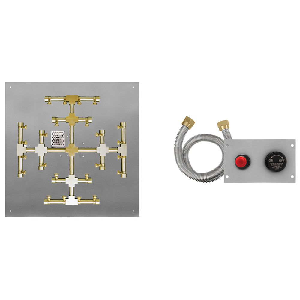 Firegear FPB-SFPSSF-TPSI Flame Sensing Spark Ignition Gas Fire Pit Burner Kit with Square Flat Pan & Brass Burning Snowflake