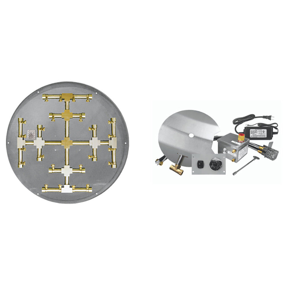 Gas fire pit burner kit with round flat pan, brass piping, and electronic ignition module