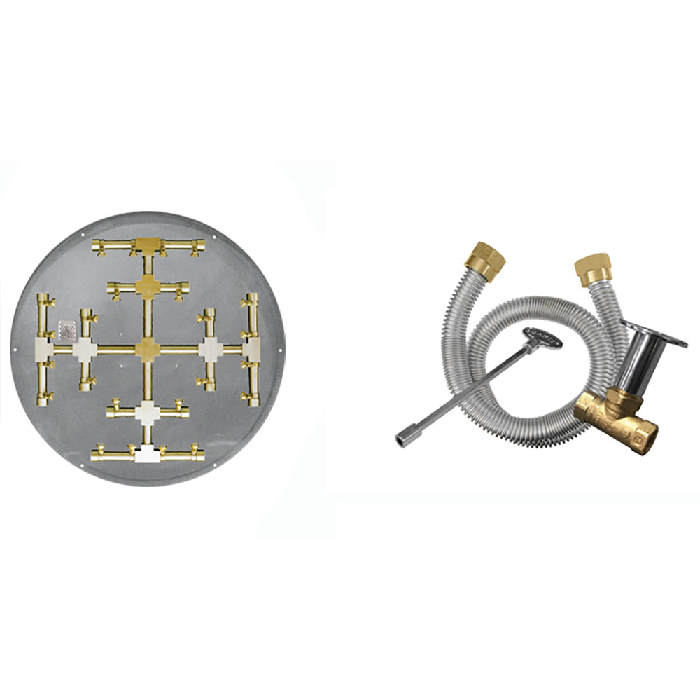Gas fire pit burner kit with round brass manifold plate and match-light ignition parts