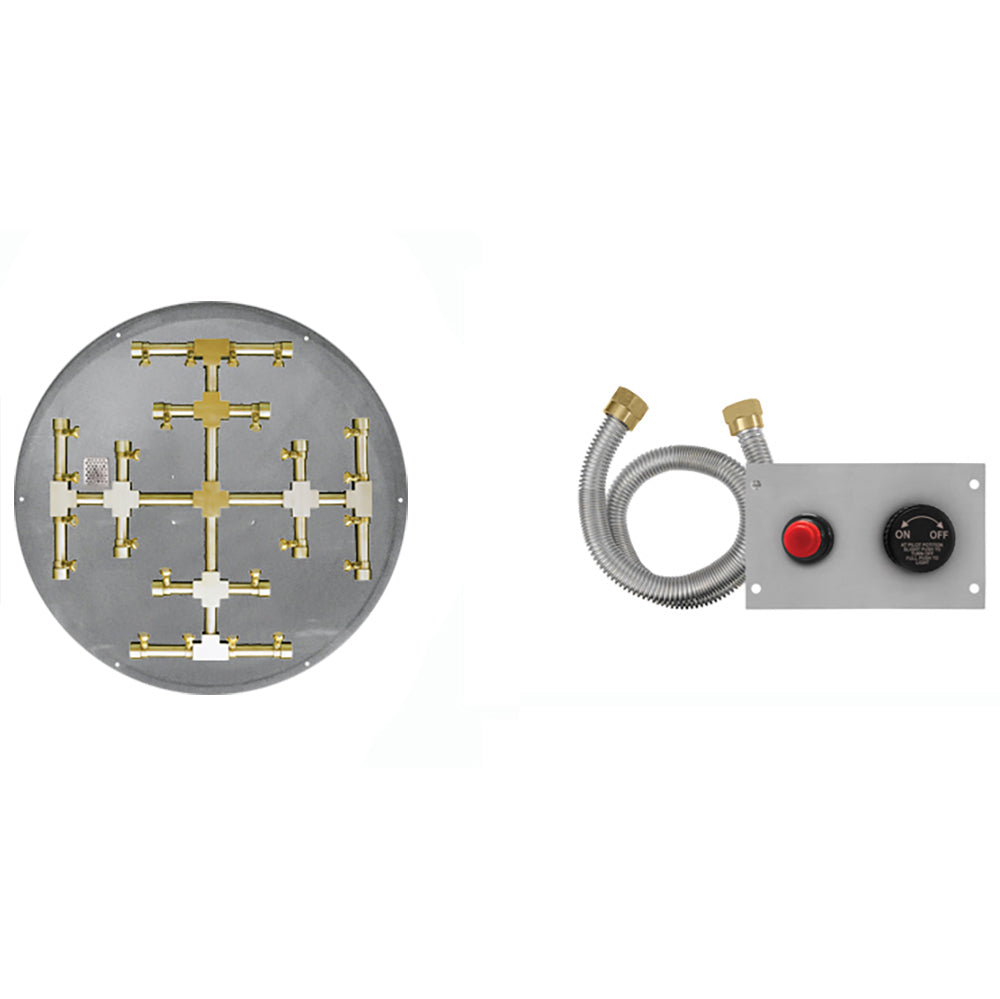 Round flat pan gas burner kit with brass manifold, ignition control module, and flexible hose