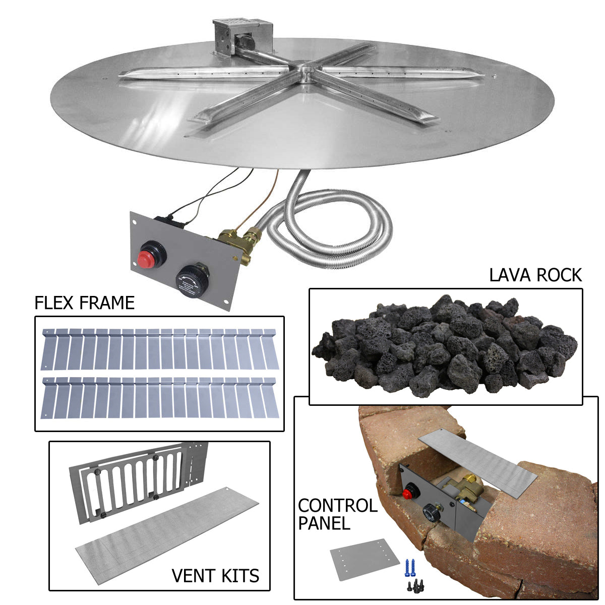 Stainless steel gas fire pit burner kit with round burner plate, control panel and wiring