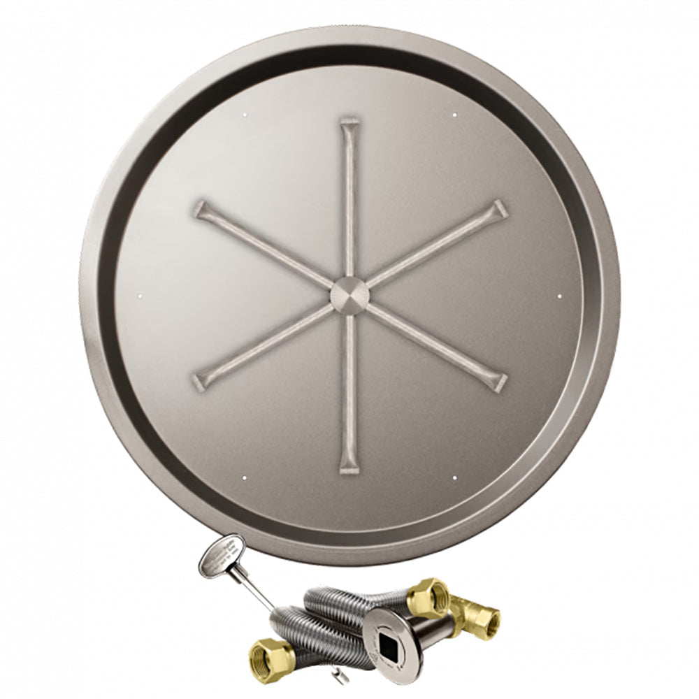 Stainless steel round burner pan with cross baffle and gas ignition tube assembly