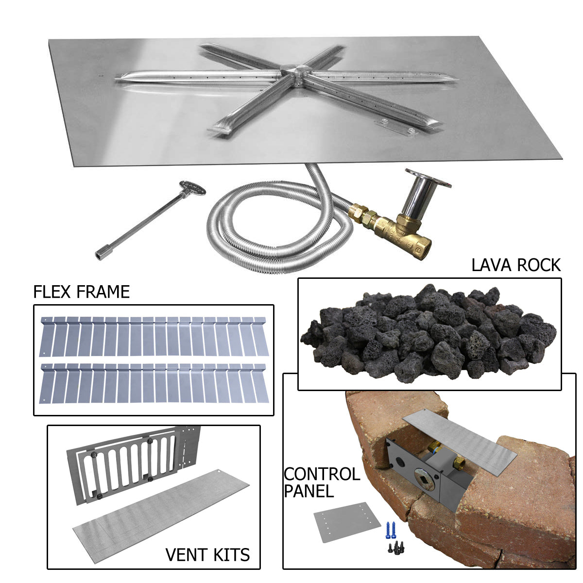 Firegear FPB-SMTN-PK Square Stainless Steel Gas Fire Pit Burner Kit for Paver Blocks with Match Light Ignition