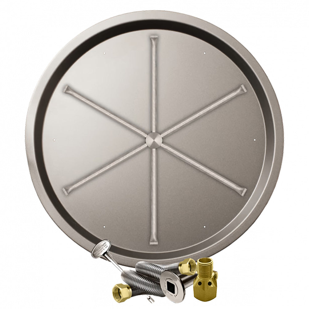Round stainless burner pan with starburst ports and brass ignition valve assembly for gas fire pit