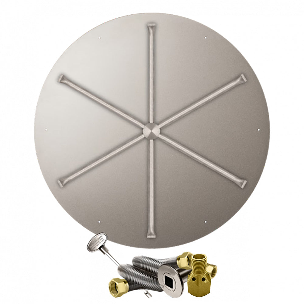 Gas fire pit burner kit showing round burner pan, cross spurs, and control fittings