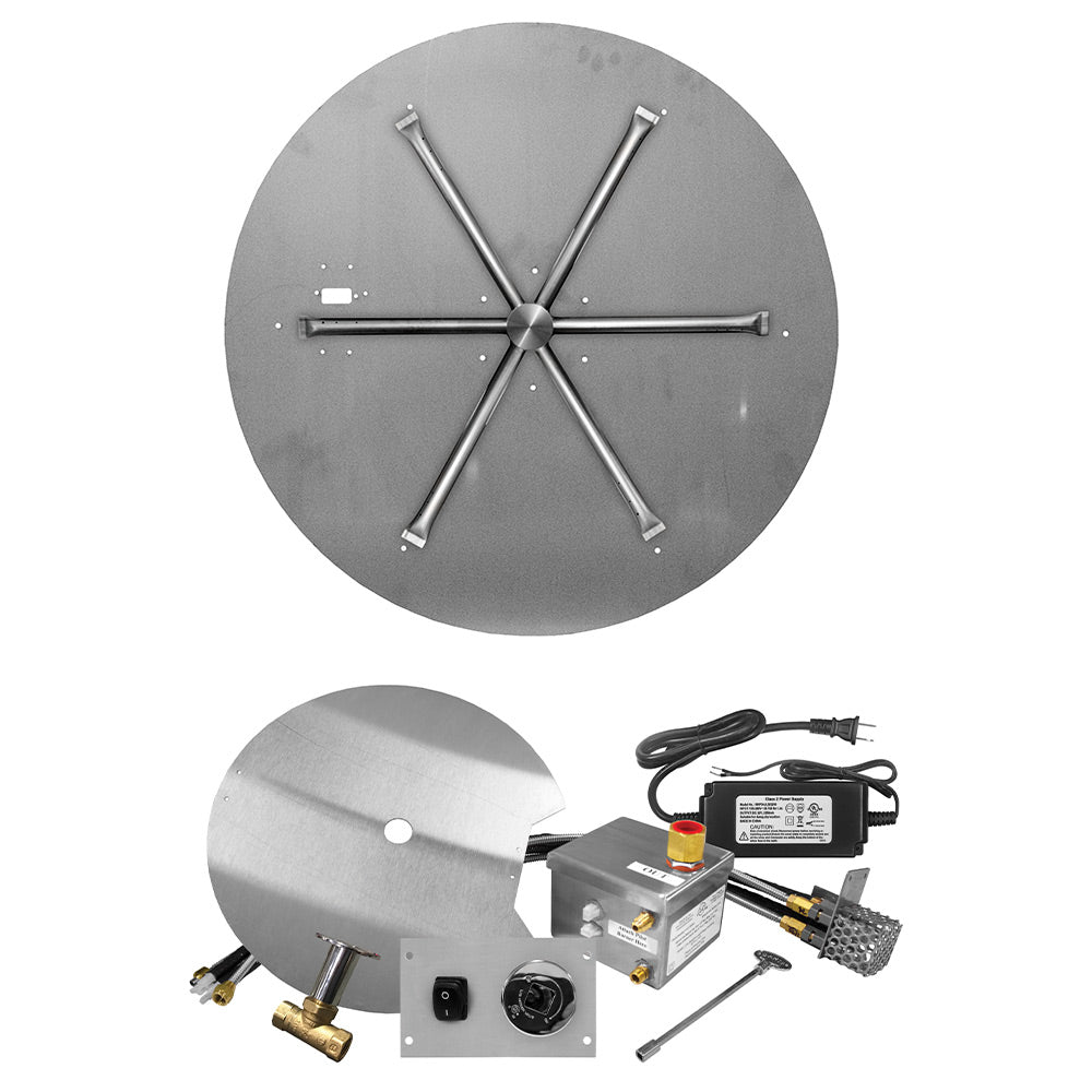 Round stainless gas fire pit burner plate with metal ignition cross arms and center hub