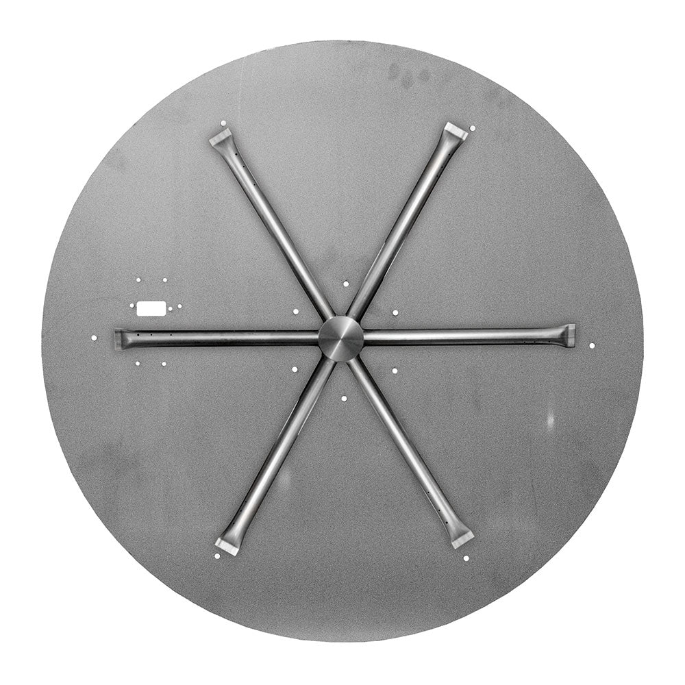 Round gas fire pit burner plate with metal ignition arms and center hub, close-up