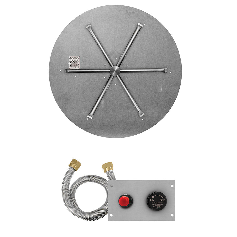 Round metal gas burner with cross-spoke flame ports and mounting plate