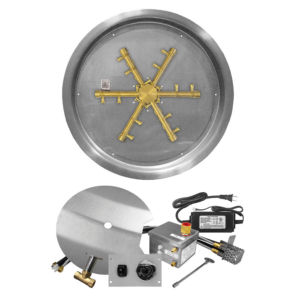 Round gas fire pit burner pan with brass burning spur and ignition components