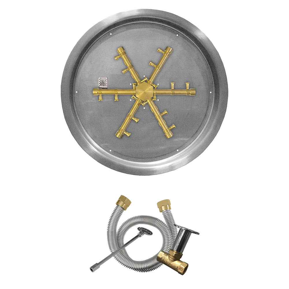 Gas fire pit burner kit round drop pan with brass match-light spur, top view