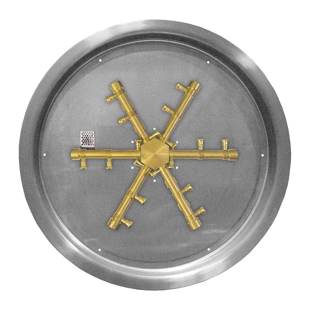 Round gas burner pan with central brass burner spurs and multiple outlet ports