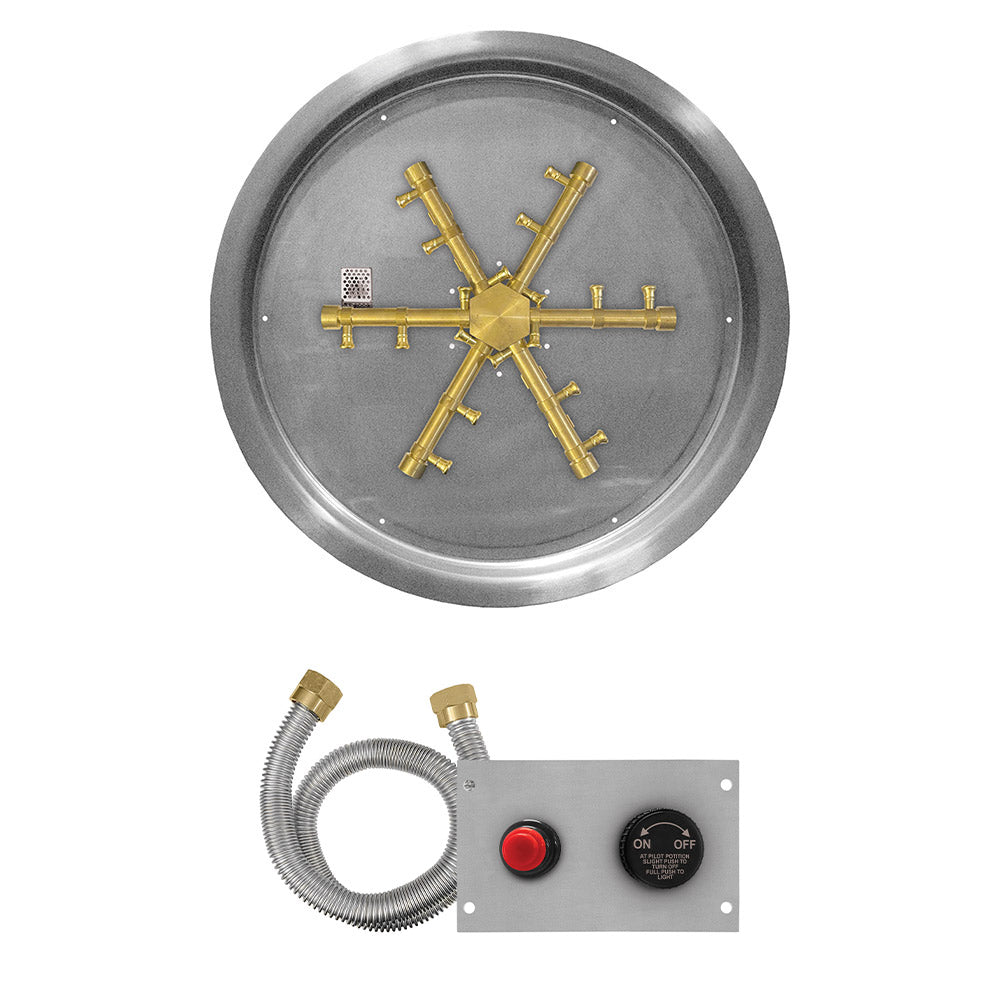 Round burner pan with brass flame sensing spark ignition assembly, steel-gray