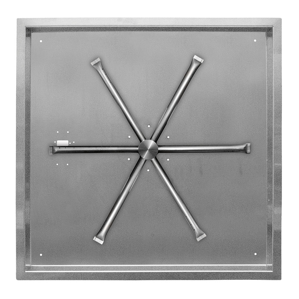 Square stainless steel drop pan with cross-shaped burner spurs for gas fire pit ignition