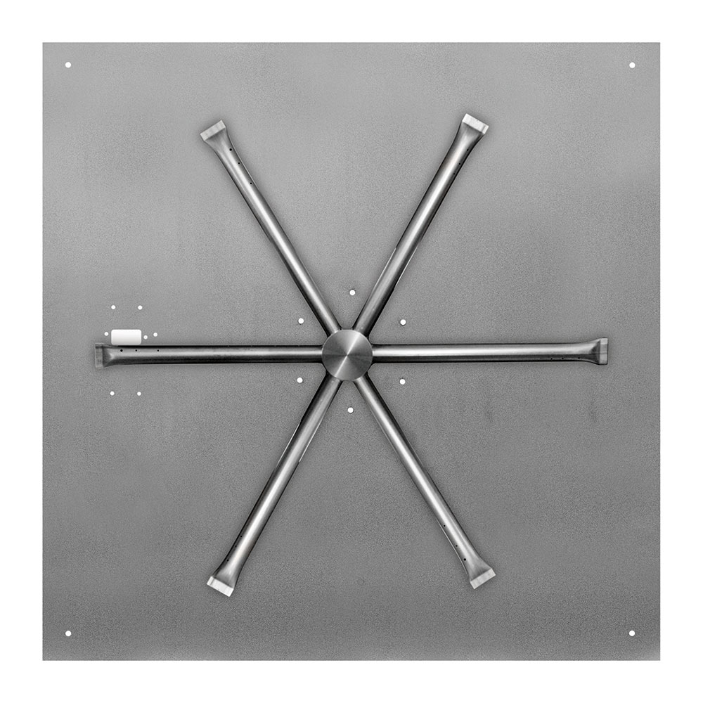 Stainless steel cross-shaped gas burner head on a flat square base plate