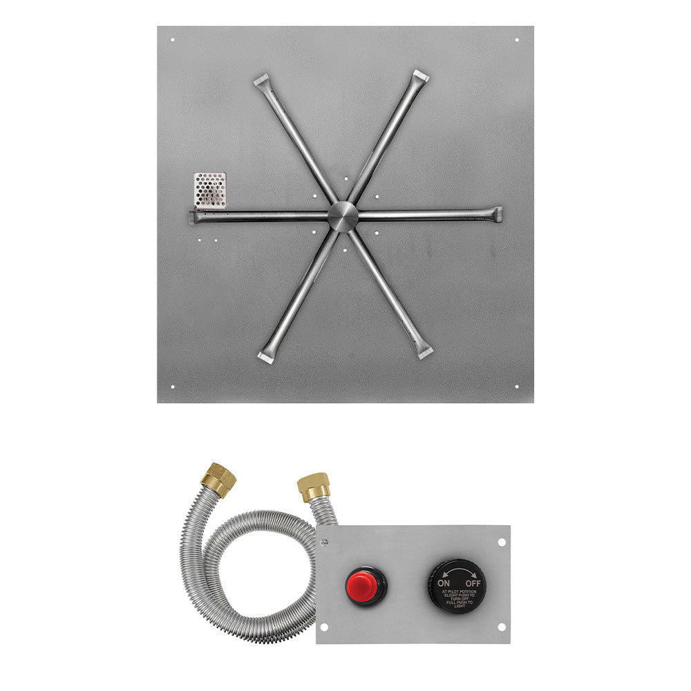 Square flat pan with stainless burner assembly and ignition sparking components