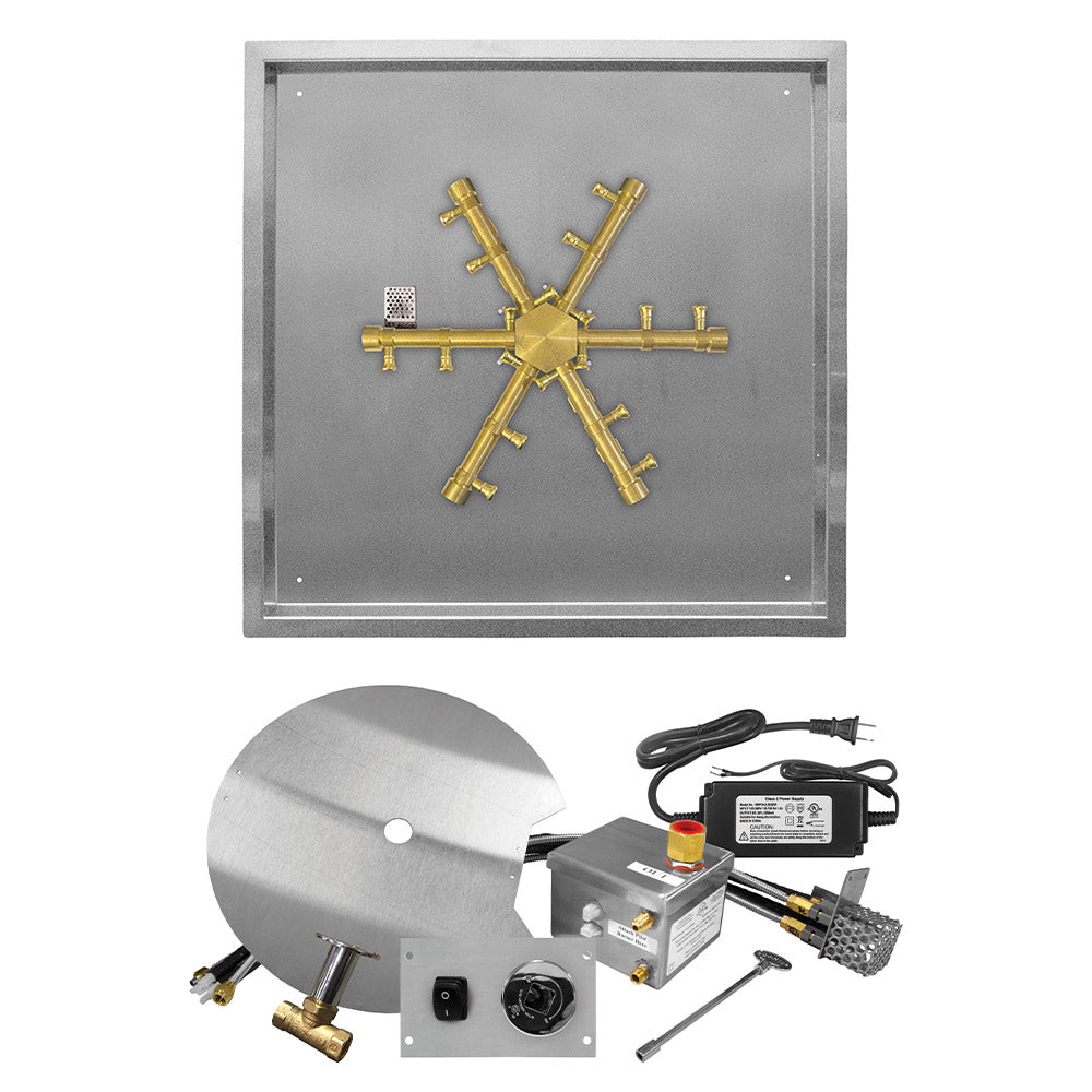 Firegear FPB-SPSBRAWS Pro Series Electronic Ignition Gas Fire Pit Burner Kit with Square Drop Pan & Brass Burning Spur