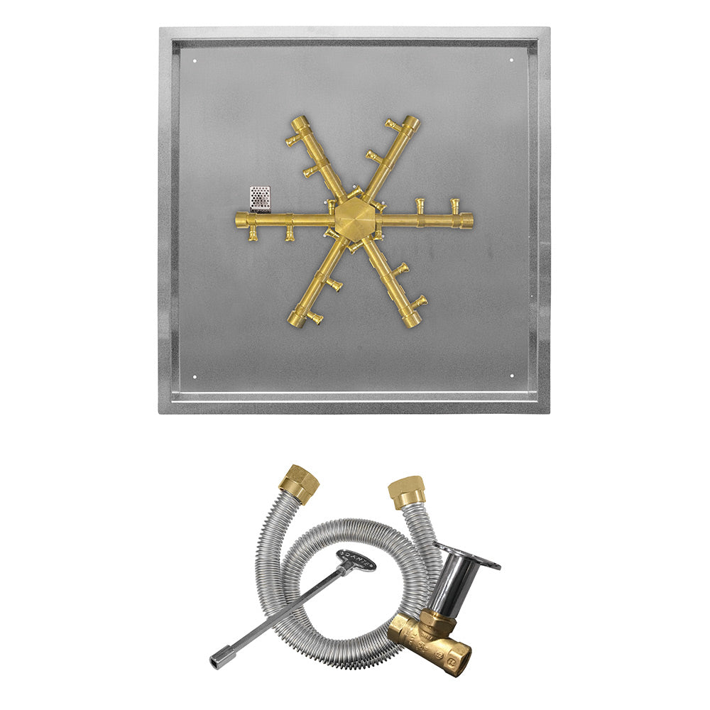 Brass match-light ignition burner spur with cross-shaped burner assembly in square pan